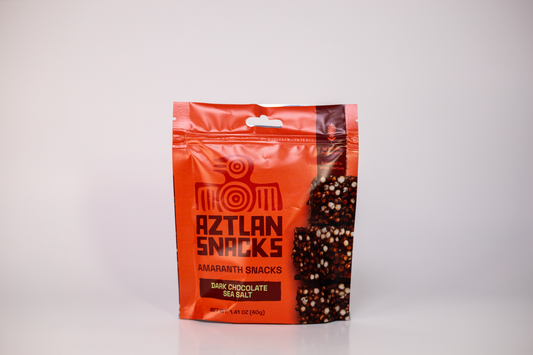 Aztlan Snacks bag with dark chocolate snacks on a white background
